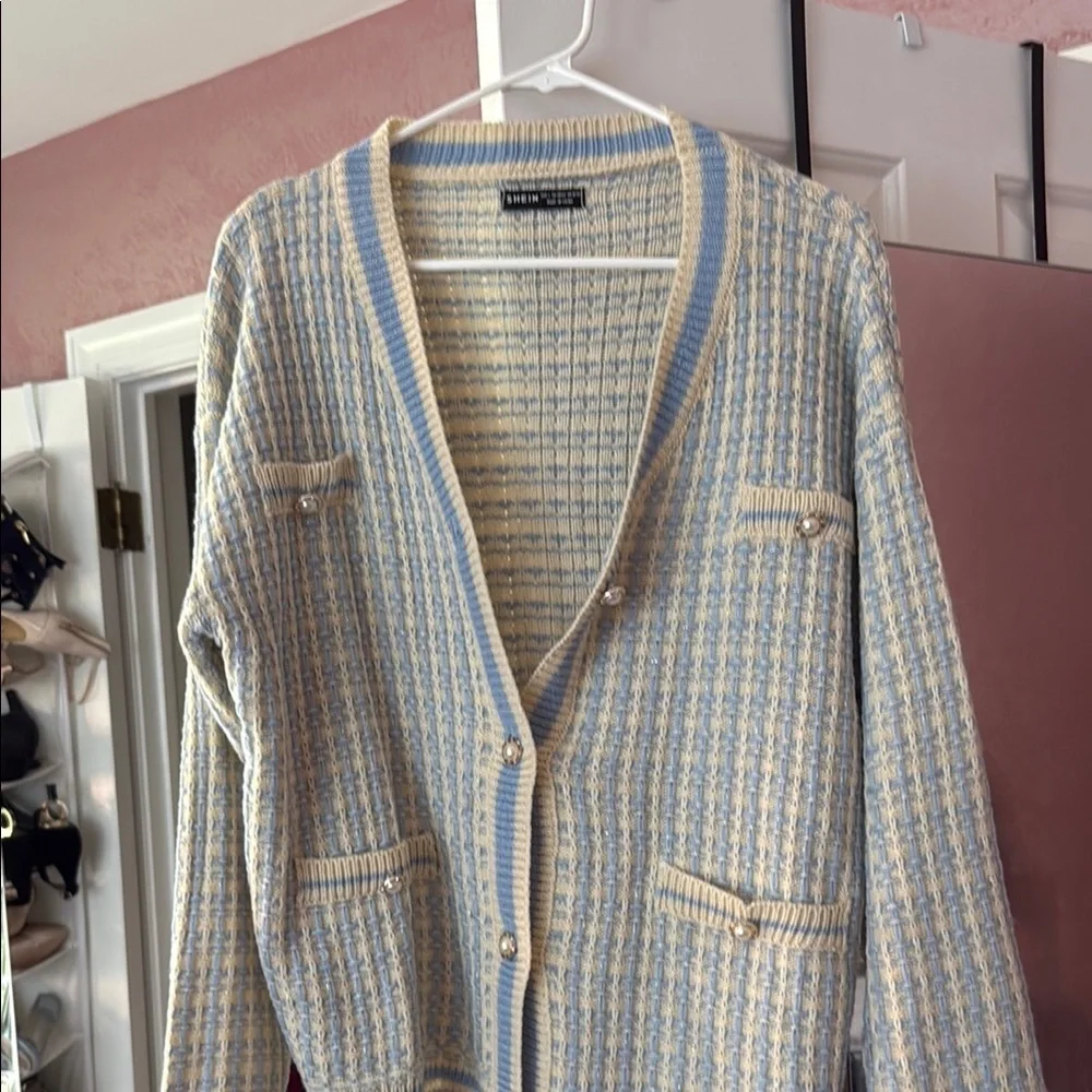 Blue and Cream Cardigan Sweater